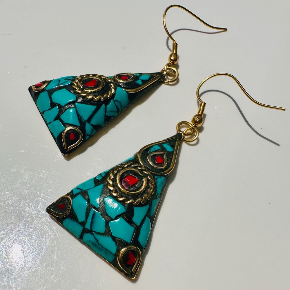 Turquoise and Coral Mosaic Brass Triangle Earrings - Picture 2 of 4
